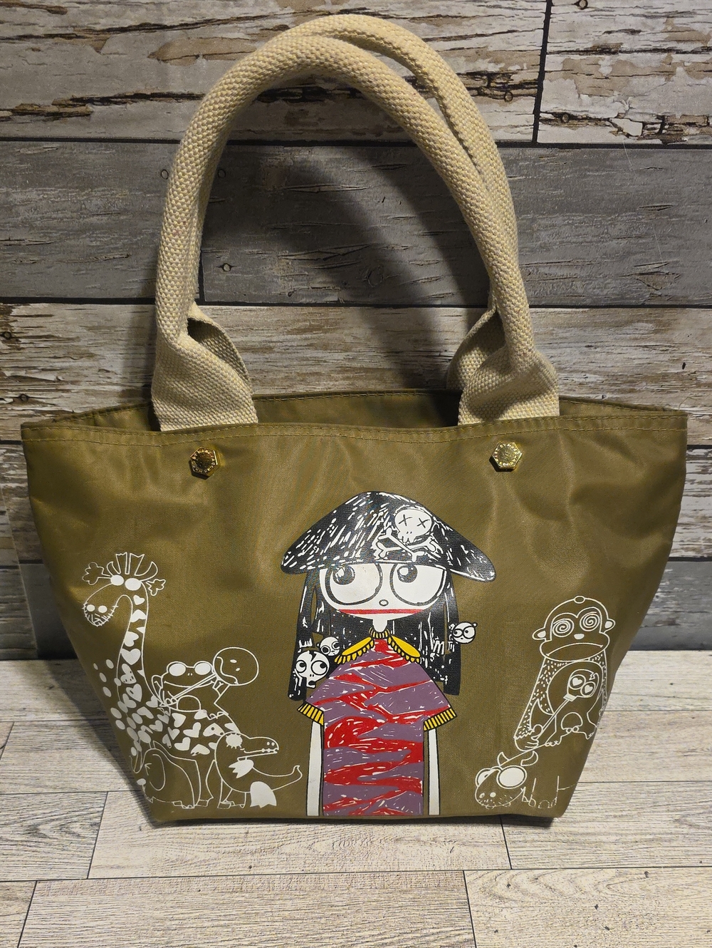 Miss Marc By Marc Jacobs Olive Graphic Canvas Tote Bag with Cream Handles - Picture 1 of 5